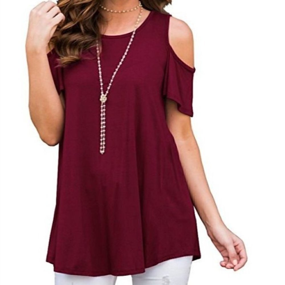 Boutique Red Cold Shoulder Swing Short Sleeve Blouse XL